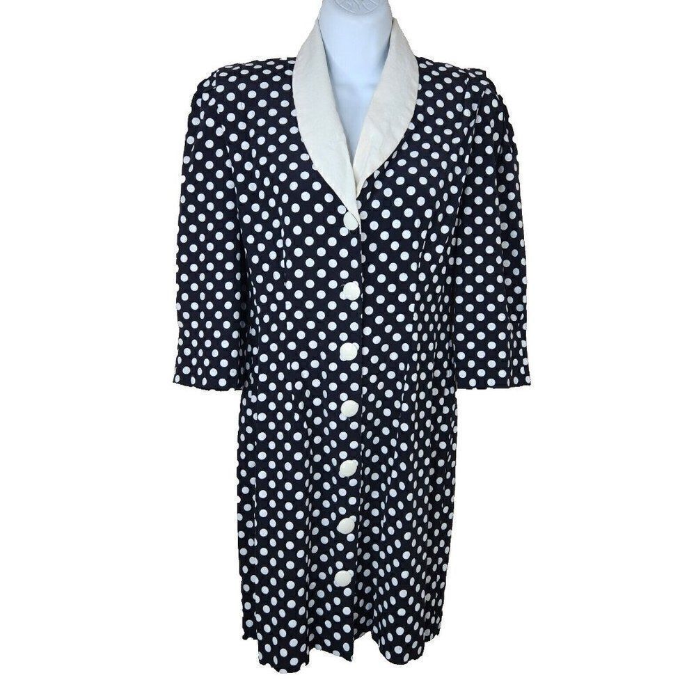 Vintage 80s Milanzo Jacket Dress Womens S Black Polka Dot Shawl Collar